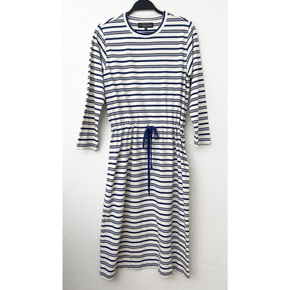 The J. Peterman Company Women's Striped Long Sleeve Cotton Midi Dress Drawstring